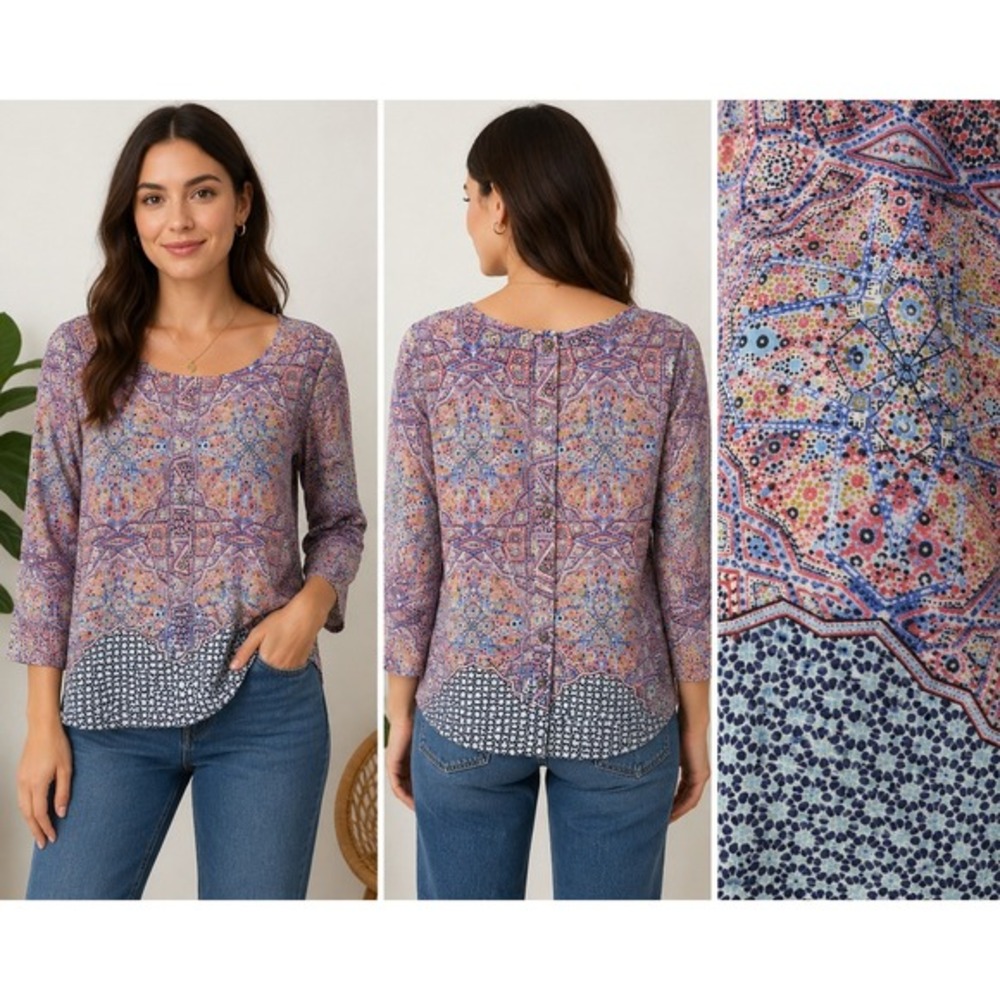Maeve Anthropologie 100% Silk Geometric Print‎ Button Back Blouse Women 6 Boho